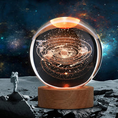 3D Galaxy Solar System Crystal Ball Night Light with Wooden Base