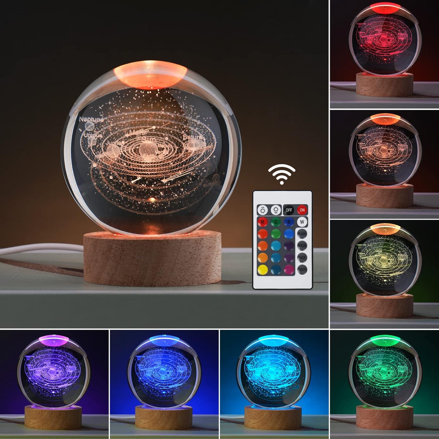 3D Galaxy Solar System Crystal Ball Night Light with Wooden Base